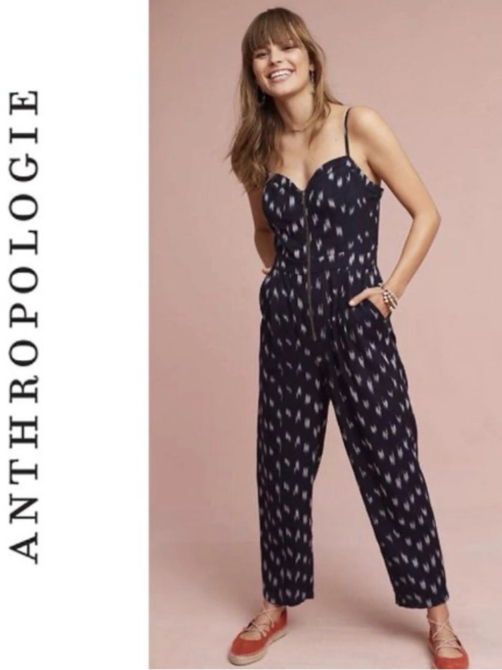 Anthropologie Navy Ikat-Print Strappy Jumpsuit